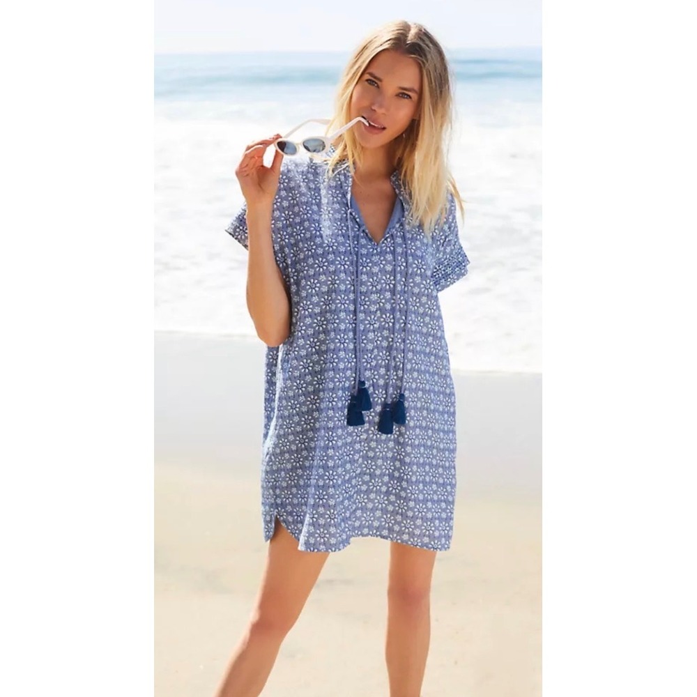Roller Rabbit Wythe Cover-Up Tunic Dress Blue Floral Tassel XXS Cotton